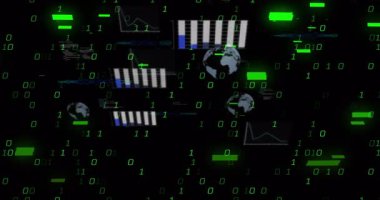 İkili hanelerin açılışında, çizelgeler kayboluyor, dünya simgeleri dönüyor, veri dalgalanması sinyali veriyor. Soyut, teknoloji, veri görselleştirme, fütüristik, dijital, siber uzay, yenilik