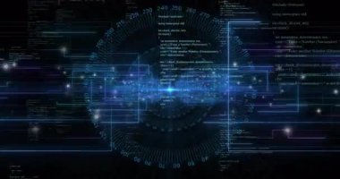 Veri akışını başlatan parlak mavi düğüm, başlatma için dönme göstergesi ve kaydırma kodu. Teknoloji, siber güvenlik, yenilik, dijital, fütüristik, yüksek teknoloji, veri görselleştirme