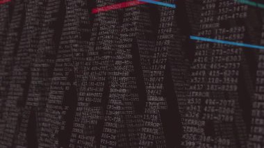Siyah çerçeveye yaklaşan solgunluk, hataları vurgulamak için kırmızı, mavi çubuklar olarak ortaya çıkan hata kodu sütunları. Siber güvenlik, dijital, teknoloji, veri, görselleştirme, hareket, fütüristik