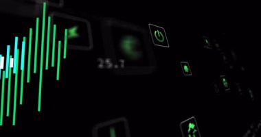 Canlı veri besleme çubukları enerji simgeleri metrik olarak hareket ettikçe renk değiştiren çubuklar başlatır. Teknoloji, veri görselleştirme, dijital arayüz, fütüristik, performans, otomasyon, hareket grafikleri