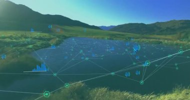Başlangıçta, göl üzerinde ortaya çıkan dijital ağ örgüsü, veri grafiklerine bağlanan yeşil düğümleri görselleştiriyor. Doğa, bağlantı, teknoloji, görselleştirme, manzara, veri, yenilik