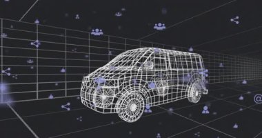 Başlangıçta mor sosyal simgeler kablo karavanın önünden geçiyor ve ızgaranın arkasında kayboluyor. 3D model, dijital ortam, sanal gerçeklik, kullanıcı etkileşimi, geleceksel tasarım, sosyal medya, teknoloji yeniliği