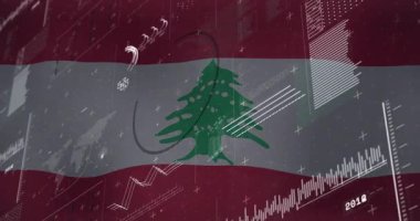 Lübnan bayrağının soluk sedir halkası ve işaretlerle örtülmesi eğilimleri gösteren grafikleri canlandırıyor. Vatanseverlik, veri görselleştirme, dijital panel, finansal analitik, ulusal amblem, hareket grafikleri, iş zekası