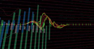 Başlangıçta, renkli dalga biçimi ve grafik çubukları veri eğilimlerini görselleştirmek için salınır ve ayarlanır. Veri analizi, dijital arayüz, hareket grafikleri, görselleştirme, teknoloji, fütürist, soyut