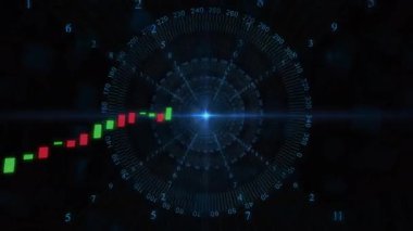 Soluk mavi parıltı görünen kıvılcım göstergesi oluşuyor, çubuklar salınarak yükseliyor ve eğilimi gösteriyor. Teknoloji, veri, analitik, dijital, ui, fütüristik, yenilik