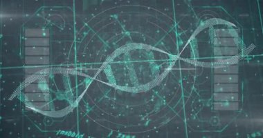 Holografik DNA sarmalları HUD halkaları ve düğümleri verileri canlandırırken ve çözerken görünür ve döner. Biyoteknoloji, dijital, geleceksel, görselleştirme, yenilik, bilim, tıbbi