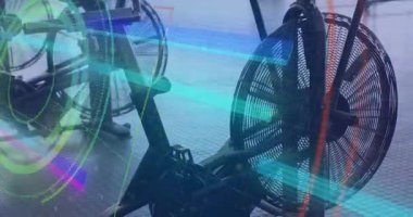 Neon örtüsü hava bisikletleri üzerinde kayboluyor, renk değiştirerek spor malzemelerini parlatmak için çözülüyor. Gelecekçi, enerjik, enerjik, zindelik, teknoloji, modern, dinamik