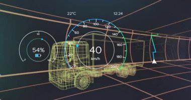 Tel çerçeve kamyonu saatte 100 km hıza çıkıyor. Sonra simülasyonu fren yaparak test etmeye başlıyor. Dijital, geleceksel, hareket, teknoloji, navigasyon, dinamik, araç