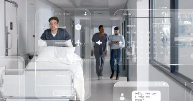 BT yardımcı tıkırtı tableti güncelleme emri ETA hemşire klinisyen takvim haritaları örtüşür. Tıbbi personel, hastane koridoru, dijital arayüz, sağlık teknolojisi, ekip çalışması, veri görselleştirme, hasta bakımı