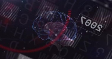 Beyin, tarama parçacığı altında dönerek maddeleşiyor, etiketleri çevirip UI 'daki yıllık verileri görselleştiriyor. Sinirsel, dijital, görselleştirme, ai, geleceksel, yenilik, teknoloji