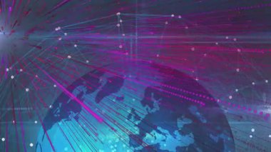 Magenta ışığı sol üstteki kıvılcım çizgilerinden ortaya çıkıyor, dünya dönen düğümler titreşen ağlar oluşturuyor. Gelecek, teknoloji, bağlantı, dijital, siber alan, ağ, yenilik