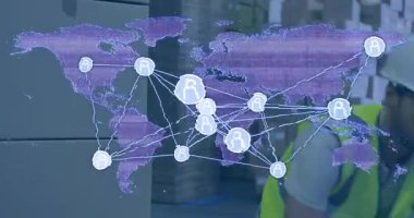 Dengeleyici, depo çalışanı lojistik ağını atarken kutuları kaldırıyor. Dijital, lojistik, bağlantı, endüstriyel, teknoloji, tedarik zinciri, veri