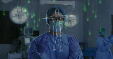 Cerrah ameliyathaneye giriyor ve eldivenli elleri iskelet hatlarını izleyerek hologramı ayarlıyor. Gelecekçi, tıbbi, teknoloji, yenilik, sağlık, sanal, tanı