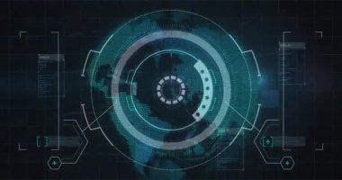 Izgara arkaplanı zayıflıyor, merkezi arayüz genişliyor ve dönüyor, çubuğu dolduruyor ve harita verilerini gösteriyor. Teknoloji, veri görselleştirme, dijital arayüz, siber, analitik, ağ, fütüristik