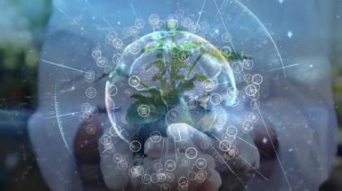 Biyoteknoloji bilimadamı, holograma tohumlama kabını kaldırıyor dönen dünyayı başlatıyor ve büyümeyi kaydediyor. Botanik, yenilik, teknoloji, araştırma, sürdürülebilirlik, ekoloji, laboratuvar