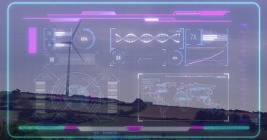 Rüzgâr türbini kulesi ve bıçağın çimenli sırtta yükseldiğini gösteriyor HUD elementleri ile birlikte, kopyalama uzayı. Gelecekçi, sürdürülebilir, yenilenebilir, dijital, görselleştirme, ekolojik, modern