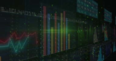 Satır grafikleri, kod ve kalp verilerini üst üste koyan çoklu renk çizelgelerini gösteren mali gösterge paneli. Veri görselleştirme, analitik, dijital arayüz, fütüristik, bilgi teknolojisi, finans pazarı, soyut