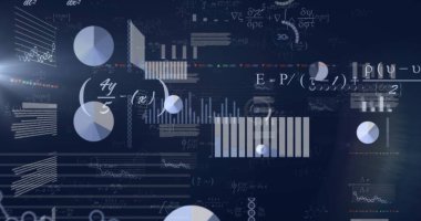 Merkezi veri analizlerinin dijital arayüzde görselleştirilmesi, pasta grafikleri çubuk grafikleri formülleri ile. Futuristik, teknoloji, görselleştirme, bilgi grafikleri, dijital, bilimsel, analitik