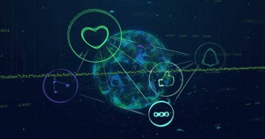 Dairesel sosyal medya simgeleriyle sanal siber uzayda parlayan nod kümesi titreşimleri gösteriliyor. Gelecekçi, dijital, ağ, teknoloji, arayüz, siber güvenlik, veri