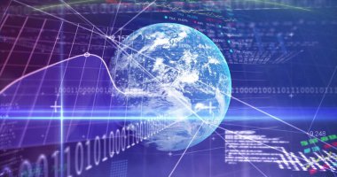 Dönen stilize Dünya küresi dijital arayüzde süzülüyor, ikili kodla, çizgi grafikleriyle örtüşüyor. Fütürist, dijital, küresel, teknoloji, analitik, veri görselleştirme, siber