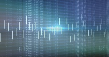 Veri sütunlarıyla ticaret monitöründe parlayan şamdan çubukları ve merkezi ışık parlaklığı gösteriliyor. Finans, veri görselleştirme, dijital arayüz, analitik, teknoloji, piyasa analizi, yatırım