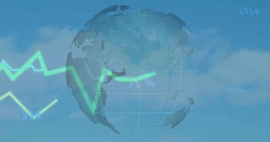 Mavi gökyüzünü yeşil grafik ve sayısal değerlerle kaplayan saydam küre gösteriliyor. Coğrafya, veri görselleştirme, dijital arayüz, teknoloji, finans, yenilik, hafif