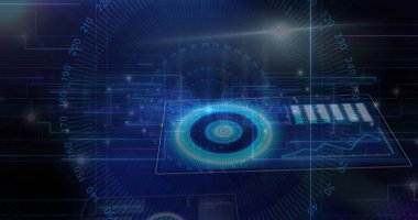 Sanal uzayda dairesel gösterge ve grafiklerle yarı saydam bir arayüz sunuyor. Fütüristik, teknoloji, veri görselleştirme, holografik, arayüz, dijital analiz, soyut