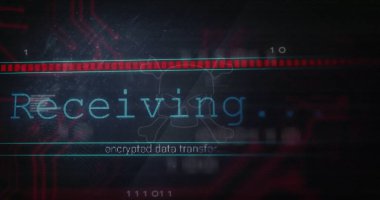 Displaying glowing cyan Receiving interface on screen, with red progress bar and skull watermark. Cybersecurity, data transfer, digital interface, glitch art, technology, network, innovation