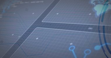 Kontrol panelinde HUD arayüzü, altıgen paneller, ızgara ağı, dairesel HUD elemanları, dünya haritası gösteriliyor. Futuristik, teknoloji, arayüz, veri, görselleştirme, dijital, şematik