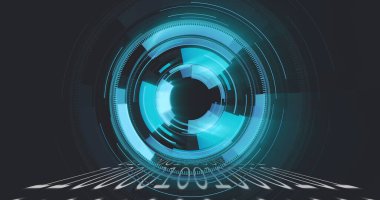 Dairesel dijital arayüz titreşimi, sanal düzlemde ikili kod akışı, veri görüntüleme. Gelecek, teknoloji, veri, görselleştirme, soyut, dijital, arayüz