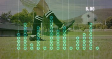 Beyaz şortlu kadın oyuncuyu tekmeliyor ve verilerle çimlerin üzerinde futbol topuna doğru şut atıyor. Sporcu, antrenman, performans, dayanıklılık, istatistik, spor, açık hava