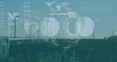Tarım arazilerinde dairesel HUD grafikleri ve bar çizelgelerini ölçümlerle kaplayan rüzgar türbinleri gösteriliyor. Yenilenebilir, sürdürülebilirlik, teknoloji, çevre, bilgi, fütüristik, tarım