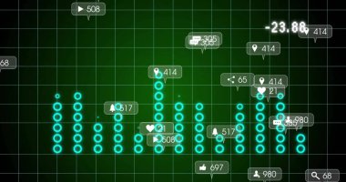 Yeşil analitik panel ızgarasında sosyal etkileşim simgeleriyle turkuaz çember çizelgesi gösteriliyor. Veri, görselleştirme, arayüz, dijital, metrik, analitik, gösterge paneli