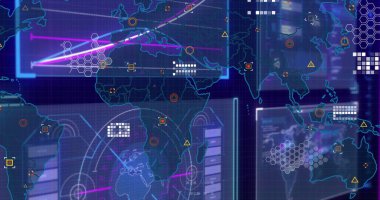 Neon işaretleyicilerle arayüzde harita hatlarını, radar grafiklerini ve veri çubuklarını gösteren gösterge paneli gösteriliyor. Geometrik, fütüristik, analitik, arayüz, dijital, teknoloji, görselleştirme