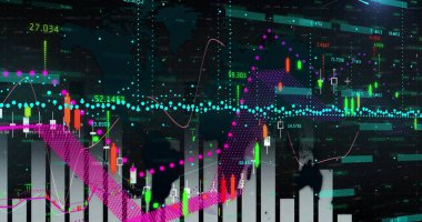 Dünya haritasıyla ticaret platformunda şamdan çubukları ve trend çizgilerinin yer aldığı tablo gösteriliyor. Finansal, analitik, veri, görselleştirme, dijital, teknoloji, küresel
