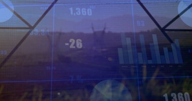 Alacakaranlık otlağında çizgiler, çizelge, dairesel segmentler ve değerler 1.360 ve -26 ile gösteriliyor. Soyut, görselleştirme, manzara, veri, fütüristik, analitik, doğal