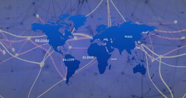 Gösterge panelinde renkli ağ hatlarını ve parlayan düğümleri veri etiketleriyle gösteren dünya haritası gösteriliyor. Teknoloji, bağlantı, analitik, dijital, fütürist, soyut, altyapı