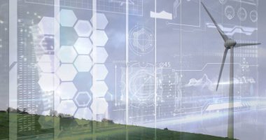 Yeşil yamaçta dönen tek bir beyaz rüzgar türbini, dijital arayüz örtüleriyle, kopyalama alanı. Sürdürülebilirlik, yenilenebilirlik, teknoloji, yenilik, çevre, dijital, enerji