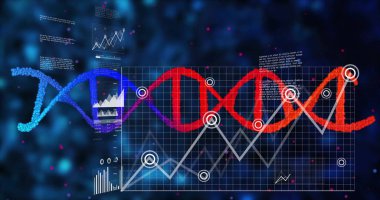 Şebeke, veri örtüleri ve parçacık noktaları ile veri görselleştirmesindeki renkleri değiştiren DNA sarmalları. Biyoteknoloji, yenilik, teknoloji, analitik, fütüristik, bilimsel, dijital sanat