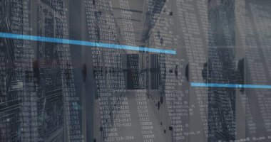 Veritabanı salonundaki katları yansıtan sunucu rafları gösteriliyor, yüzen kod LED ışıkları ile örtüşüyor. Fütürist, teknoloji, dijital, siber, endüstriyel, parlak, yüksek teknoloji