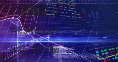 Canlı dijital görselleştirme ikili akımlar, çizgi çizelgeleri ve saatlerle ekranda yer değiştiriyor. Gelecekçi, minimalist, teknolojik, siber, ağ, analiz, izleme