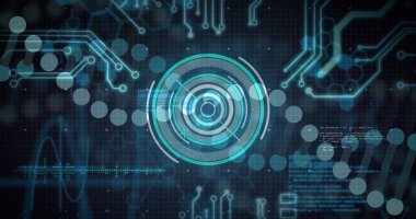 Dijital ekranda parlayan yüzen düğümlerle merkezi dairesel HUD arayüzü gösteriliyor. Gelecek, teknoloji, siber, dijital, ağ, arayüz, soyut