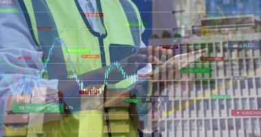 Borsa çizelgeleri, tablet alarmları, balkonda kahve tutan neon yelek mühendisi. Şirket, kentsel, modern, teknolojik, profesyonel, yenilikçi, iş