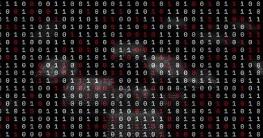 Akıcı beyaz ve kırmızı ikili haneler koyu dijital ekranda, katmanlı örtülü ızgara oluşturur. Teknoloji, veri, siber güvenlik, yenilik, otomatik, görselleştirme, ağ