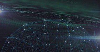 Kobalt-yeşil yarı-küresel ağ ızgarası parlayan düğümlerle dijital arayüzde kubbe oluşturuyor. Futuristik, teknoloji, dijital, ağ, yenilik, soyut, siber