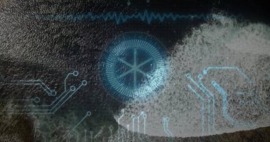 Sahil denizi üzerinde yüzen dairesel HUD dalgaları devre çizgileriyle gösteriyor, dalga boyu örtüşüyor. Denizci, teknoloji, dijital, fütüristik, veri görselleştirme, deniz tabanı, soyut
