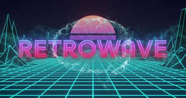 Neon RETROWAVE metni şebeke zemininin üzerinde yüzüyor. Dijital manzara, eğimli güneş, hatalı parçacıklar. Fütürist, sentetik dalga, siber punk, neon, soyut, dijital, canlı