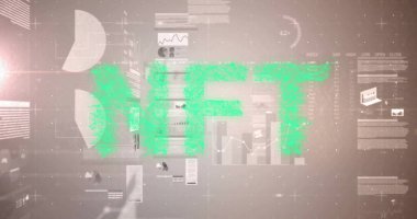 Panelin üzerinde grafik elemanları ve veri tabloları ile yüzen pikselli yeşil NFT kısaltması gösteriliyor. Fütüristik, dijital, teknoloji, veri görselleştirme, bilgi, arayüz, holografik