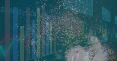 Dönen su girdabı dijital grafiklerle, dikey bar çizelgeleriyle finansal grafiklerle birleşiyor. Soyut, veri görselleştirme, siber okyanus, teknolojik, dijital sanat, finansal analiz, canlı