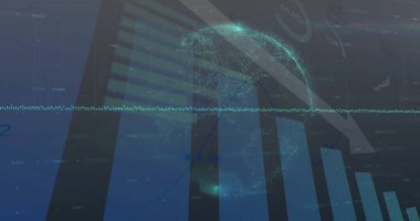 Parçacık küresi, çubuk veya çizgi grafikleri, aşağı ok, dalga formu ve etiketlerle veri arayüzü üzerinde döner. Veri görselleştirme, dijital analitik, fütüristik, veri güdümlü, teknoloji, bilgi arayüzü, neon